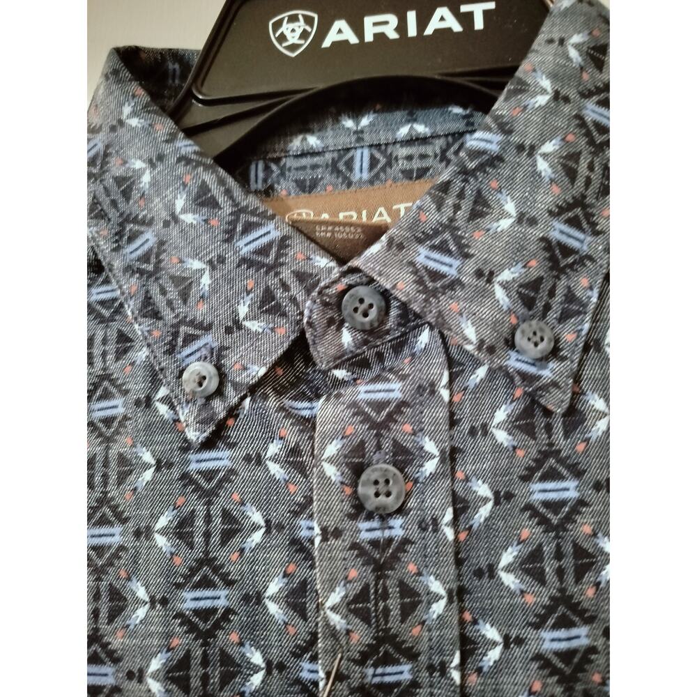 M1229) Ariat Boy's Rochard Chambray Blue Long Sleeve Western Shirt L (14-16) - Picture 4 of 10